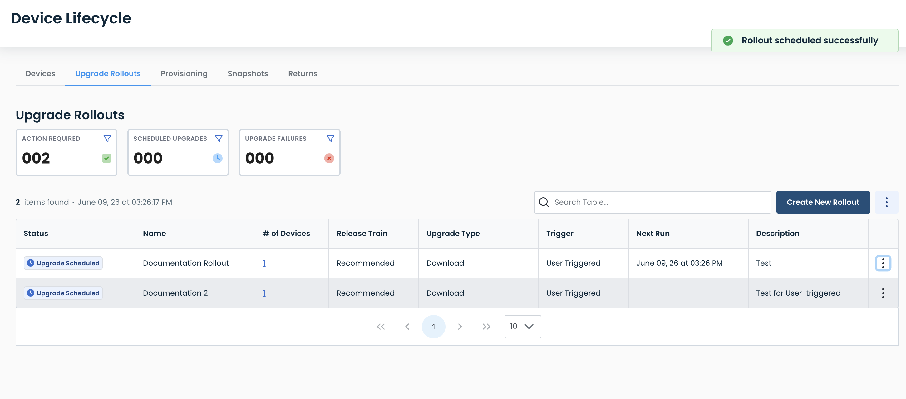 Overview of upgrade rollouts with scheduled actions and device statuses displayed.